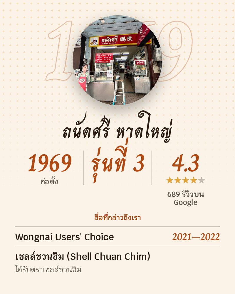 ถนัดศรี หาดใหญ่ · ตั้งแต่ปี 1969 · รุ่นที่ 3 · Google 4.3 ★ · 689 รีวิวบน Google · ก่อตั้ง · สื่อที่กล่าวถึงเรา: Wongnai Users' Choice 2021–2022 · เชลล์ชวนชิม (Shell Chuan Chim) ได้รับตราเชลล์ชวนชิม